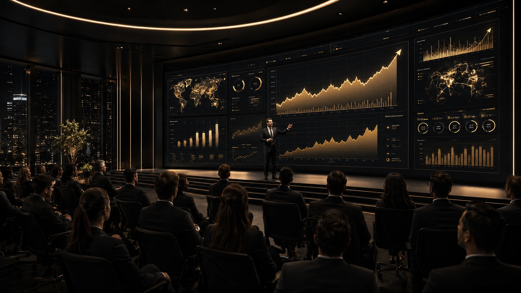 Apresentação executiva com dashboard, gráficos de crescimento, relatórios operacionais e indicadores positivos