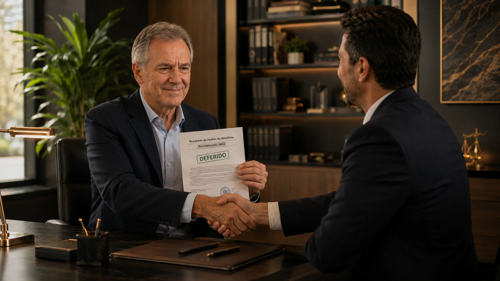 Idoso em escritório profissional comemorando resultado favorável com documento em mãos