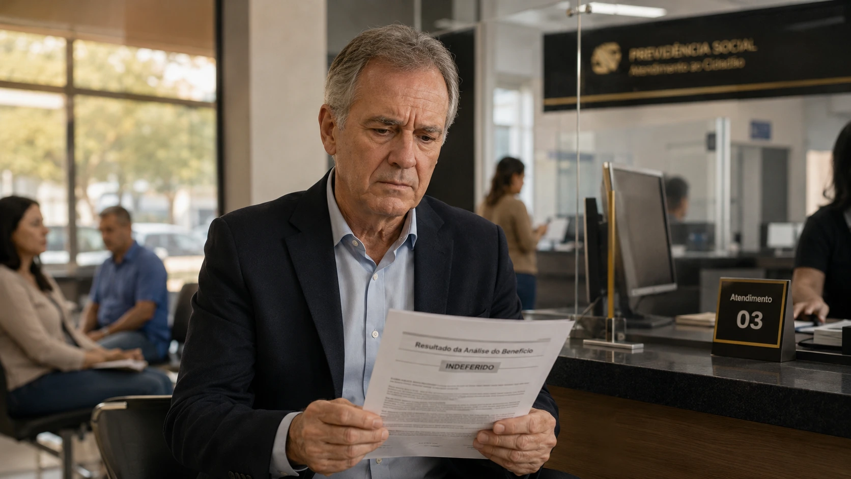 Senhor em agência do INSS lendo resultado indeferido de um pedido