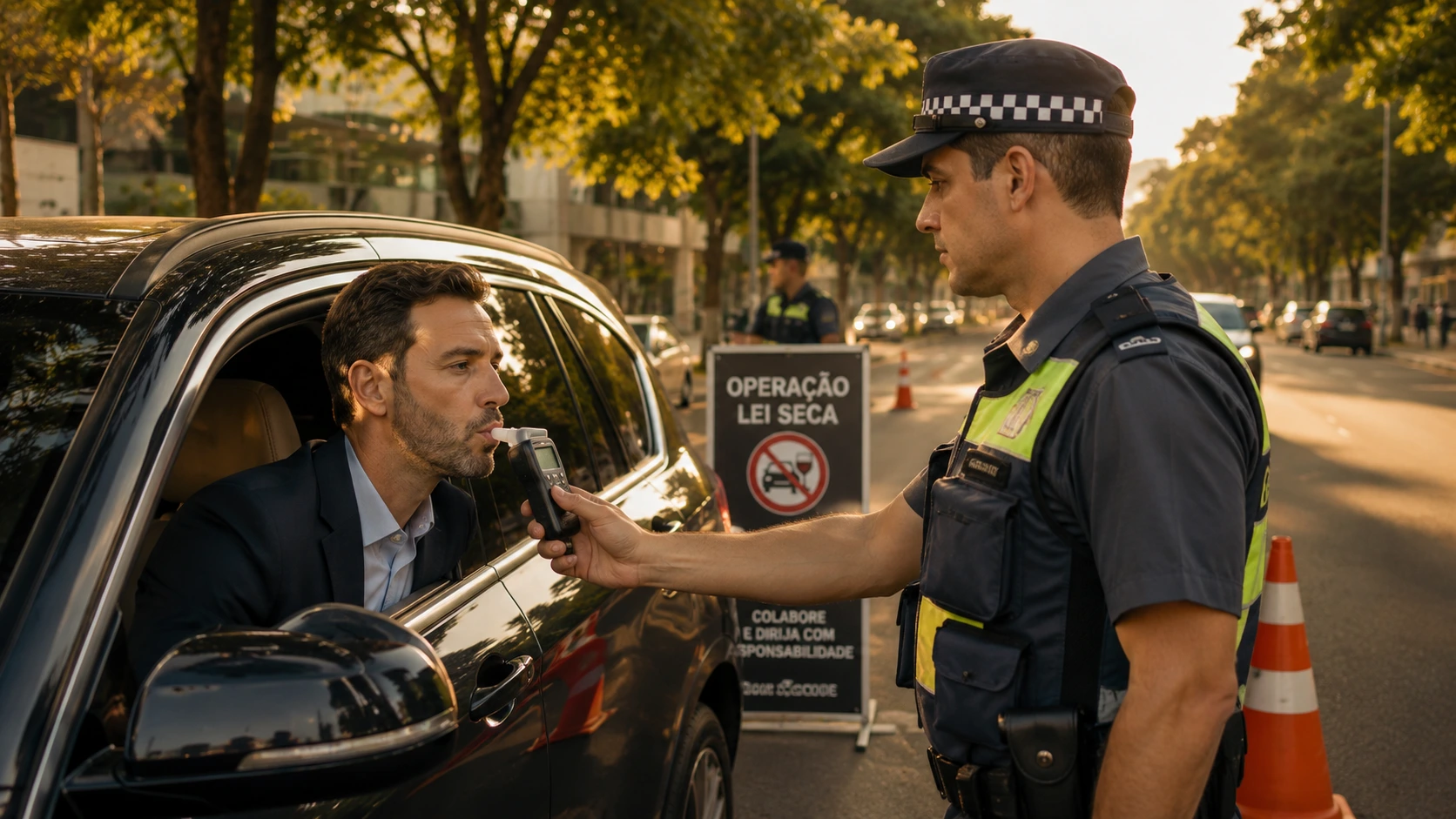 Condutor realizando teste do bafômetro em blitz de trânsito, em rua arborizada e organizada