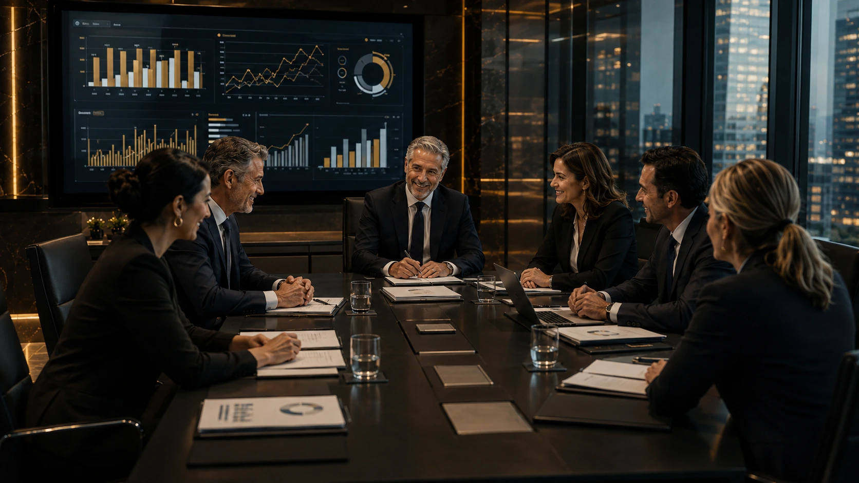 Reunião corporativa organizada com executivos analisando cenário fiscal em ambiente moderno